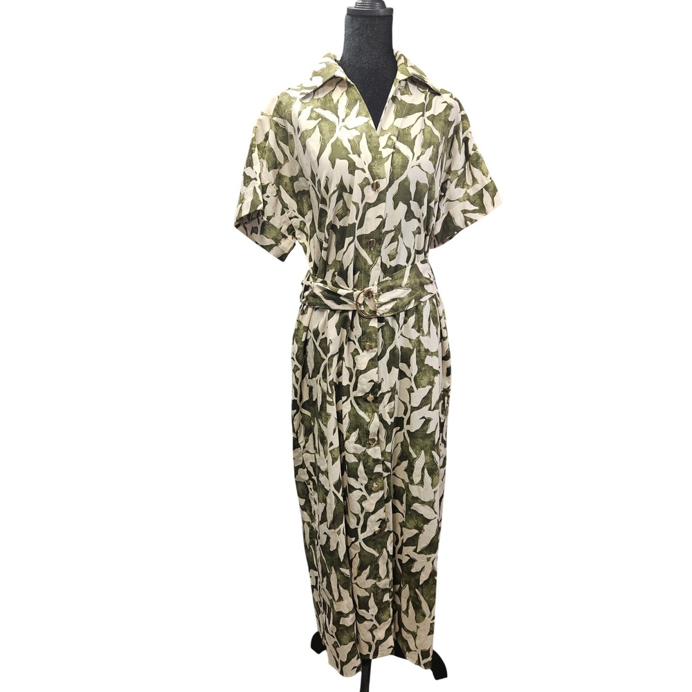Zara Women Olive Green Leaf Print Belted Button Front Maxi Shirt Dress XS